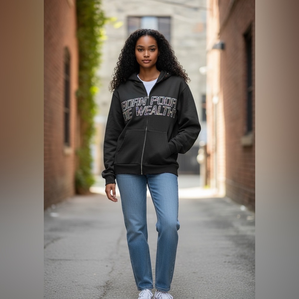New Rich & Hancee “Born Poor Die Wealthy” Rhinestone Zip Hoodie XL Streetwear
